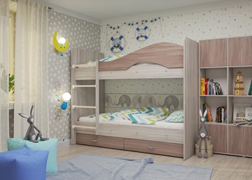 Детская 2-этажная кровать Мая с 2 ящиками на щитах, корпус Шимо светлый, фасад Шимо темный в Йошкар-Оле
