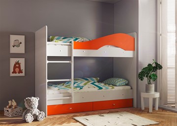 Кровать 2-ярусная Мая с 2 ящиками на щитах, корпус Млечный дуб, фасад Оранжевый в Йошкар-Оле