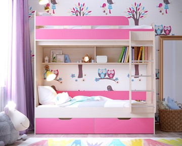 Детская двухъярусная кровать Юниор-5, каркас Дуб, фасад Розовый в Йошкар-Оле