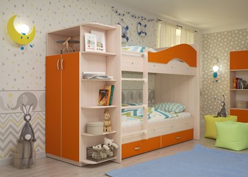 Двухъярусная кровать Мая на щитах со шкафом и ящиками, корпус Млечный дуб, фасад Оранжевый в Йошкар-Оле