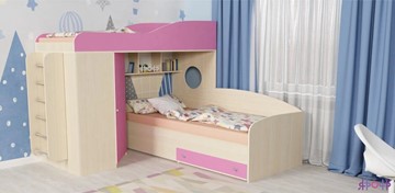 Детская кровать-чердак Кадет-2 с металлической лестницей, корпус Дуб, фасад Розовый в Йошкар-Оле
