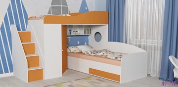 Кровать-чердак детская Кадет-2 с универсальной лестницей, корпус Белое дерево, фасад Оранжевый в Йошкар-Оле