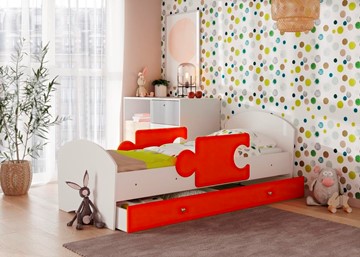 Кровать детская с бортиками и ящиком Мозайка, корпус Белый/фасад Оранжевый (ламели) в Йошкар-Оле