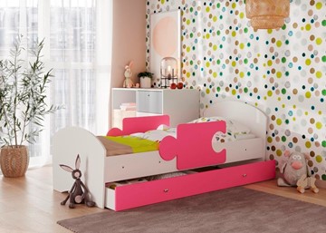Детская кровать с ящиком и бортиками Мозайка, корпус Белый/фасад Розовый (щиты) в Йошкар-Оле