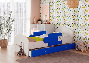 Кровать детская с бортиками и ящиком Мозайка, корпус Белый/фасад Синий (щиты) в Йошкар-Оле