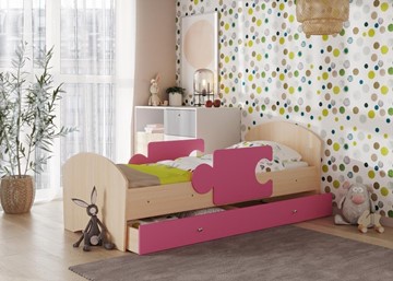 Детская кровать с ящиком и бортиками Мозайка, корпус Млечный дуб/фасад Розовый (ламели) в Йошкар-Оле