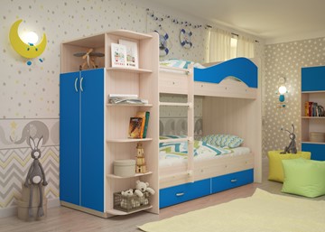 Двухъярусная детская кровать ТМК Мая на щитах со шкафом и ящиками, корпус Млечный дуб, фасад Синий в Йошкар-Оле