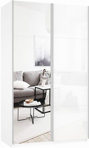 Шкаф 2-х дверный Прайм (Зеркало/Белое стекло) 1400x570x2300, белый снег в Йошкар-Оле