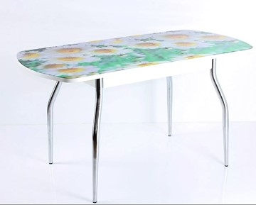 Кухонный стол раскладной ПГ мини СТФ белое ЛДСП/ромашки/хром фигурные в Йошкар-Оле