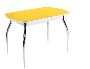 Обеденный раздвижной стол ПГ-07 СТ2, белое/желтое стекло/35 хром гнутые металл в Йошкар-Оле