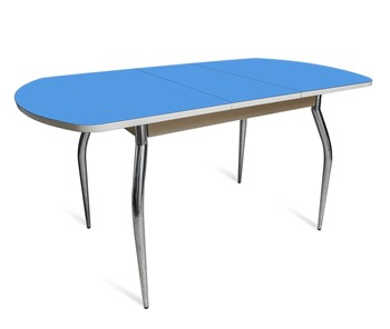 Кухонный стол раздвижной ПГ-02 СТ2, дуб молочный/синие стекло/35 хром гнутые металл в Йошкар-Оле