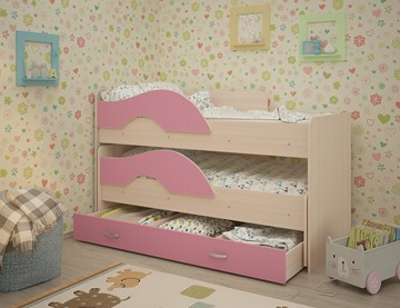 Детская 2-этажная кровать Радуга 1.6 с ящиком, корпус Млечный дуб, фасад Розовый в Йошкар-Оле