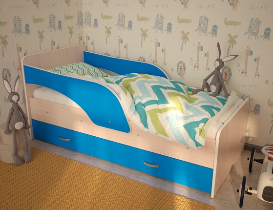 Кровать с ящиками Максимка, корпус Млечный дуб, фасад Синий в Йошкар-Оле - изображение