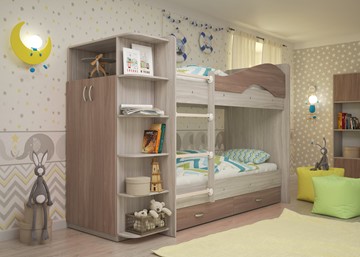 Детская 2-ярусная кровать Мая на щитах со шкафом и ящиками, корпус Шимо светлый, фасад Шимо темный в Йошкар-Оле