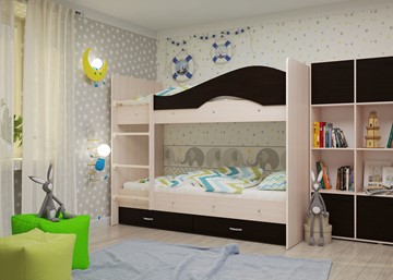 Детская  двухъярусная кровать Мая с 2 ящиками на щитах, корпус Млечный дуб, фасад Венге в Йошкар-Оле - предосмотр 1