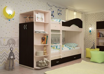 Детская  двухъярусная кровать Мая с 2 ящиками на щитах, корпус Млечный дуб, фасад Венге в Йошкар-Оле - предосмотр 2