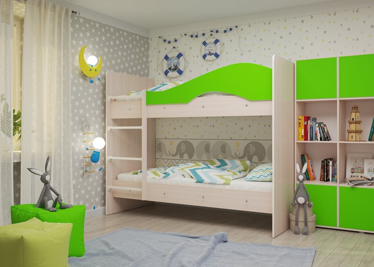 Детская двухэтажная кровать Мая на щитах, корпус Млечный дуб, фасад Салатовый в Йошкар-Оле - изображение 1