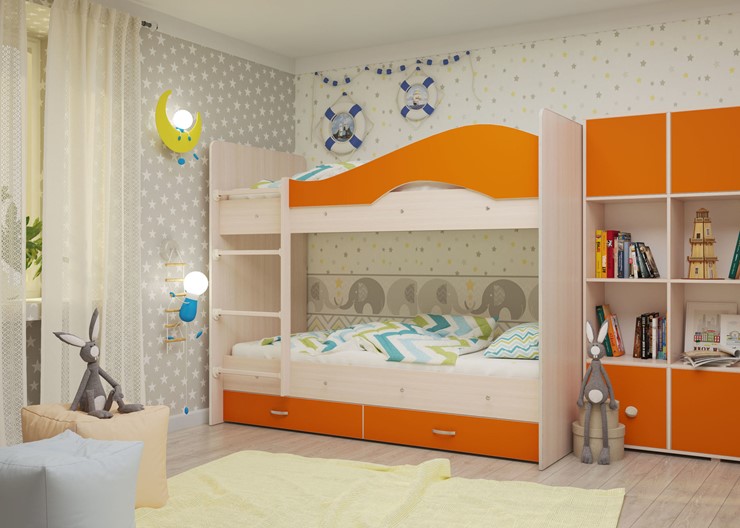 Кровать 2-ярусная Мая с 2 ящиками на щитах, корпус Млечный дуб, фасад Оранжевый в Йошкар-Оле - изображение 3