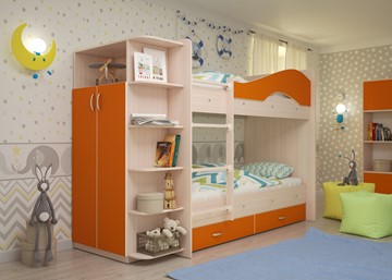 Кровать 2-ярусная Мая с 2 ящиками на щитах, корпус Млечный дуб, фасад Оранжевый в Йошкар-Оле - предосмотр 1