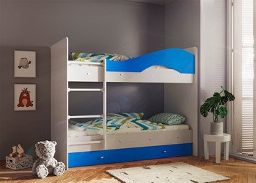 Двухъярусная кровать Мая с 2 ящиками на щитах, корпус Млечный дуб, фасад Синий в Йошкар-Оле - предосмотр