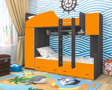 Двухъярусная детская кровать Юниор-2, каркас Ясень анкор темный, фасад Оранжевый в Йошкар-Оле