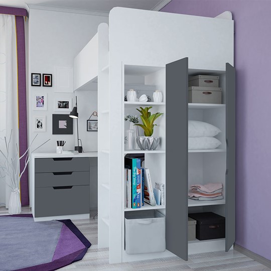 Кровать детская с письменным столом и шкафом POLINI Kids Simple Белый / Серый в Йошкар-Оле - изображение 1