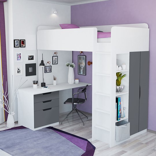 Кровать детская с письменным столом и шкафом POLINI Kids Simple Белый / Серый в Йошкар-Оле - изображение 3