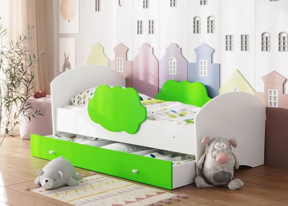Детская кровать с бортиками Тучка с ящиком, корпус Белый, фасад Лайм в Йошкар-Оле - изображение