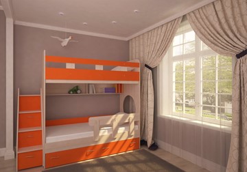 Кровать 2-ярусная Ярофф Юниор-1 с бортом, каркас Дуб, фасад Оранжевый в Йошкар-Оле