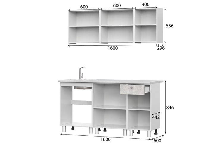 Готовый кухонный гарнитур КГ-1 1600, белый/белый/цемент светлый/антарес в Йошкар-Оле - изображение 2