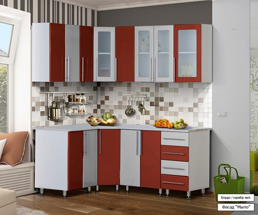 Кухня угловая Мыло 224 1800х1400, цвет Бордо/Серебристый металлик в Йошкар-Оле - изображение