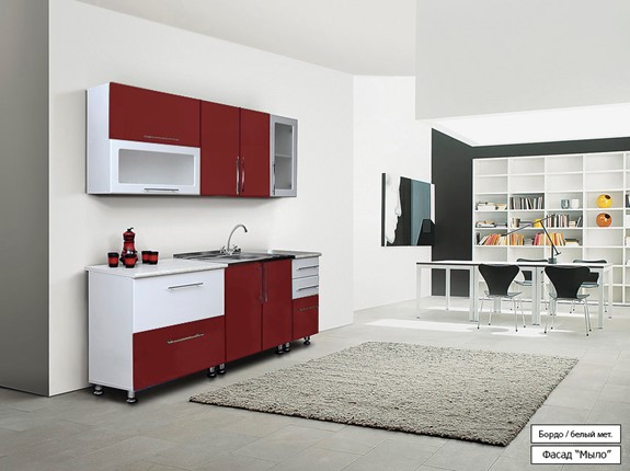 Кухонный гарнитур Мыло 224 2000х718, цвет Бордо/Белый металлик в Йошкар-Оле - изображение