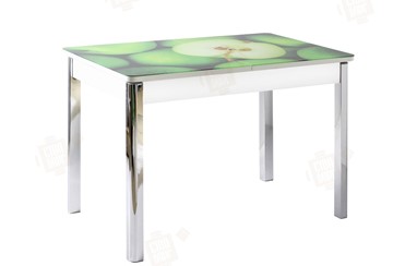 Раздвижной стол Айсберг-01 СТФ, белый/фотопечать зеленые яблоки/ноги хром квадратные в Йошкар-Оле