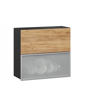 Кухонный навесной шкаф 800 горизонтальный, Шервуд, ЛД 281.981.000.049, со стеклом, черный/дуб золотой в Йошкар-Оле
