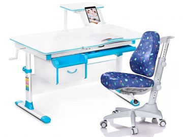Комплект растущая парта + стул Mealux Mealux EVO Evo-40 BL (арт. Evo-40 BL + Y-528 F) / (стол+полка+кресло) / белая столешница / цвет пластика голубой в Йошкар-Оле