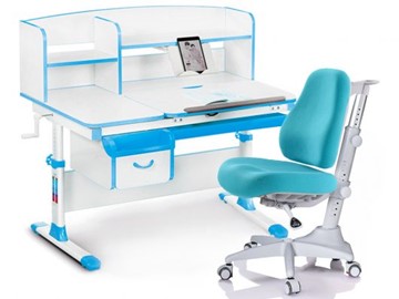 Комплект растущая парта + стул Mealux-EVO Evo-50 BL (арт. Evo-50 BL + Y-528 KBL) / (стол+полка+кресло) / белая столешница / цвет пластика голубой в Йошкар-Оле