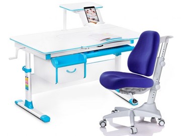 Комплект растущая парта + стул Mealux EVO Evo-40 BL (арт. Evo-40 BL + Y-528 SB) / (стол+полка+кресло) / белая столешница / цвет пластика голубой в Йошкар-Оле